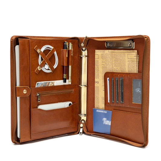 YIWEN Handmade Leather Portfolio with Handle, 3 Ring Binder, Zippered Padfolio for 13" Tablet, 8.5 x 11 Notepad, Professional Business Document Organizer (Brown, Oil Wax Leather)
