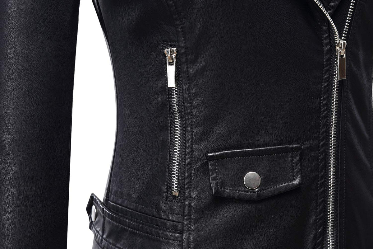 Tanming Women's Faux Leather Moto Biker Short Coat Jacket (Black-S)