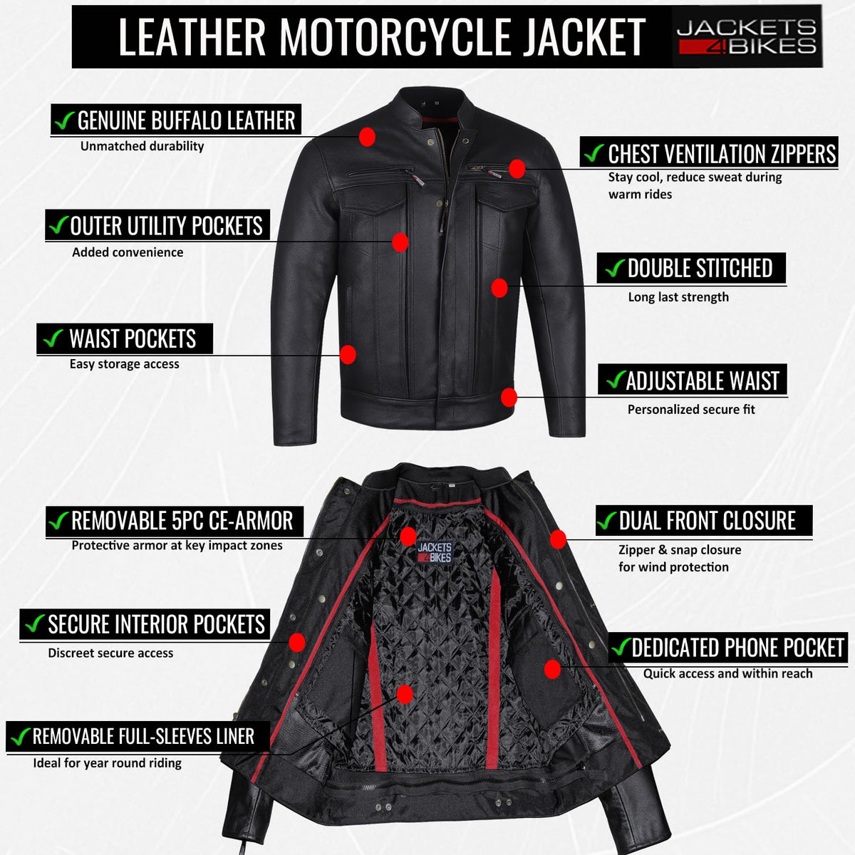 COMMUTER Men's Motorcycle Jacket, Premium Buffalo Leather, CE Armor - Ventilation, Utility Pockets, Cruiser Biker Brown L