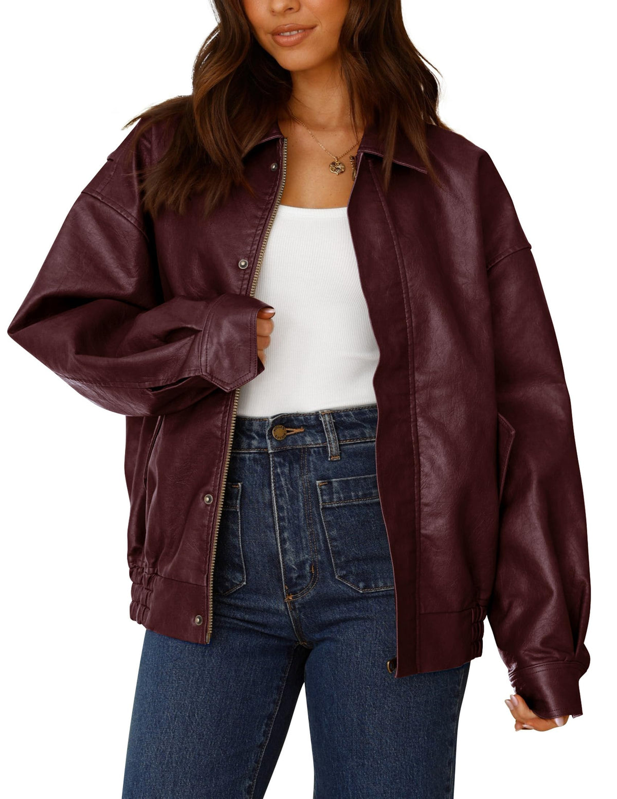 PRETTYGARDEN Women's Faux Leather Motorcycle Jacket Trendy Fall Spring Clothes Oversized Zip Up Winter Coat Outerwear (Wine Red,Medium)