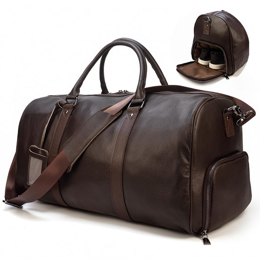 Yevabo Genuine Leather Duffel Bag for Men & Women, Cabin Friendly Carry-On Weekender Bag for Gym Travel Overnight Trips, Brown
