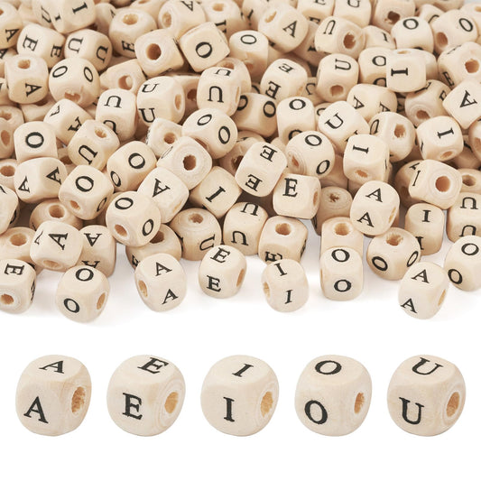 Spritewelry 250Pcs 8mm Wood Initial Letter Beads Cube Natural Wooden Square Bead A E I O U Craft Letter Loose Spacer Beads for Bracelet Necklace Earring Phone Decor Making