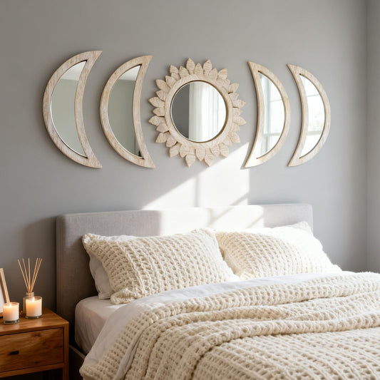Cpcdaosk 5 Pieces Moon Phase Mirror Wall-Mounted Wall Decor Mirrors Natural Wooden Sunburst Bohemian Wall Art for Home Living Room Bedroom Decoration
