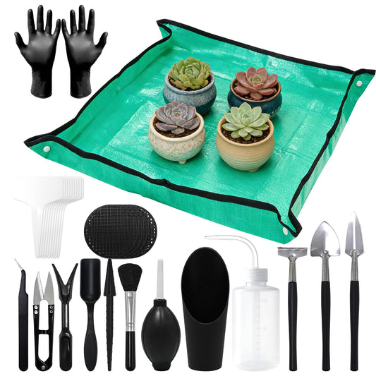 30PCS Mini Succulent Gardening Tools Set with 19.7" Waterproof Repotting Mat, Complete Indoor Plant Care Kit for Transplanting, Potting, Bonsai, Cactus, Houseplant & Fairy Garden