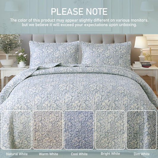 DURLENGEN Botanical Quilt Set King Size 3Pcs, Bluish Grey Printed with Beige Leaves Pattern,Soft Polyester Lightweight Bedspread for All Season Layering(King 106x96,Beige Botanical)