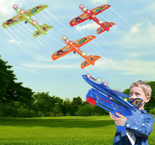 BAREEK 3 Pack Airplane Launcher Toy Kids, Led Foam Glider Fighters Outdoor Toys, 3 Flight Mode Foam Flying Toy 4 5 6 7 8 9-13 Year Old Boys Girls Birthday Gifts