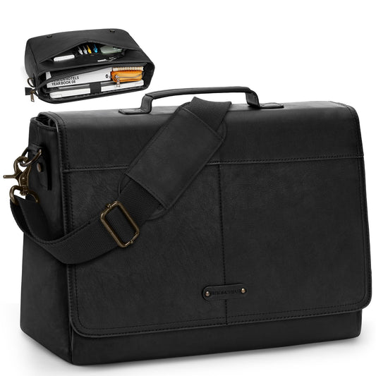 RAINSMORE Vintage Flap Messenger Bag for Men PU Vegan Leather Laptop Bag 15.6 Inch Waterproof Mens Briefcase Retro Computer Bag for Work College Office Travel Satchel Bag Men Black