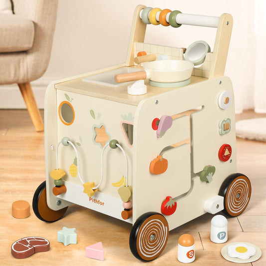 Pithfor Wooden Baby Walker, 3-in-1 Baby Push Walker, with Pretend Kitchen, Montessori Sensory Activity Center, Push Walker Toys for Babies Learning to Walk, Sit-to-Stand