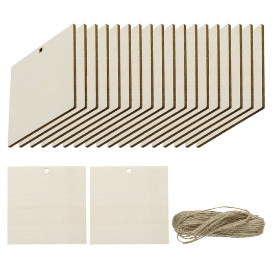 uxcell 20pcs Right Angle Square Blank Wood Tags with Hole 4 x 4 Inch Unfinished Wood Pieces Wooden Gift Tags with 32.8 Ft Rope for Craft Projects, Hanging Decorations, Gift Making