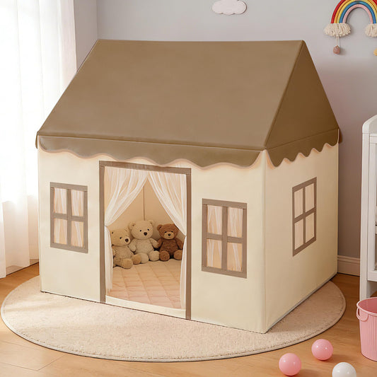WIRHAO Kids Tent with Padded Mat Playhouse with Large Space for Toddlers Indoor Kids Play Tent for Girls Boys with Stars Lights, Carry Bag, Banner Flag (Brown)