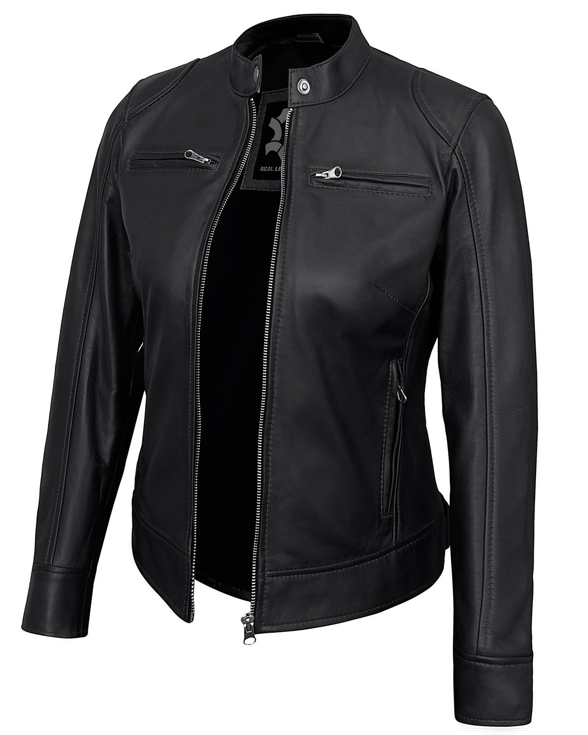 UrbanFocal DISC Womens Motorcycle Leather Jackets - Stylish Real Lambskin Black Leather Jacket Women | [101003104] Black Ddge, L