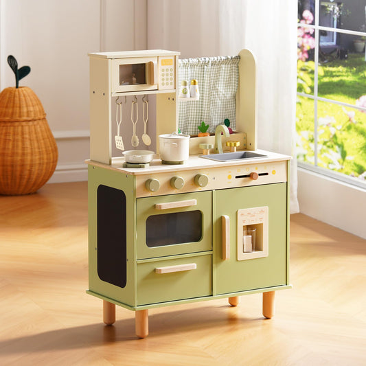 ROBUD Wooden Play Kitchen Set, Pretend Play Kitchen for Kids, Toy Kitchen with Microwave, Sink, Stove and Ice Maker, Toddlers Kitchen Playset Gift for Boys Girls, 3+ (Green)