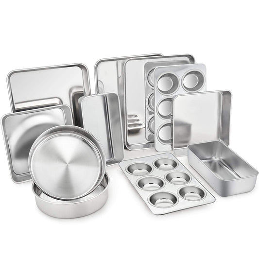 TeamFar Stainless Steel Bakeware Set of 11, Toaster Oven Baking Pan Set, Lasagna Pan, Square & Round Cake Pan, Loaf Pan & Muffin Pan, Healthy & Heavy Duty, Dishwasher Safe & Smooth