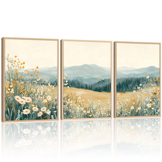 3 Pcs Framed Mountain Wildflower Wall Art Triptych Natural Landscape Canvas Prints Large Farmhouse Daisy Poster Botanical Picture Painting for Living Room Bedroom Decor 12x16IN