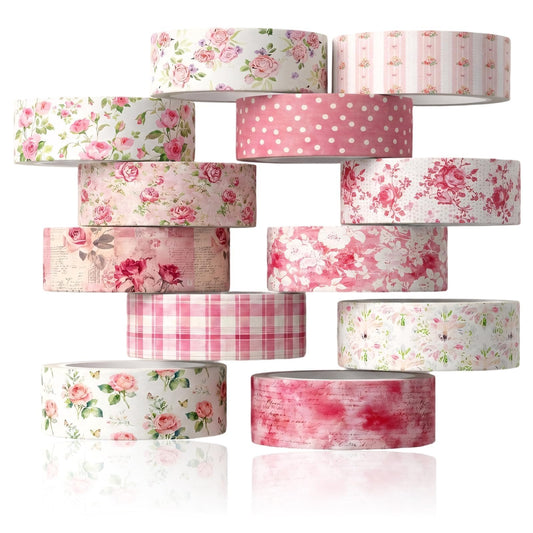ZCXETP 12PCS Floral Washi Tape Set, 15 mm Vintage Flower Decorative, Pink Washi Tape, Vintage Floral Decorative Tapes for Craft Projects and Gift Wrapping(Light Pink,Polka Dots and Floral)