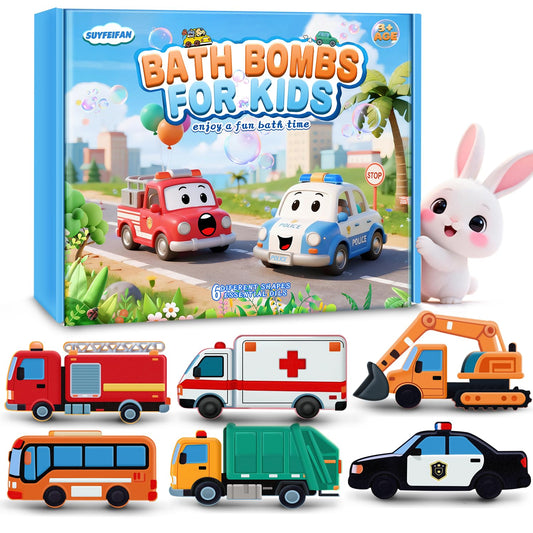 Bath Bombs for Kids, Perfect Mothers Day Gifts for Kids Girls, Handcrafted Car 6 Pack Natural Organic Bubble Bath Bomb Toys, Shaped Like Excavators, Police Car, School Buses, Fire Trucks