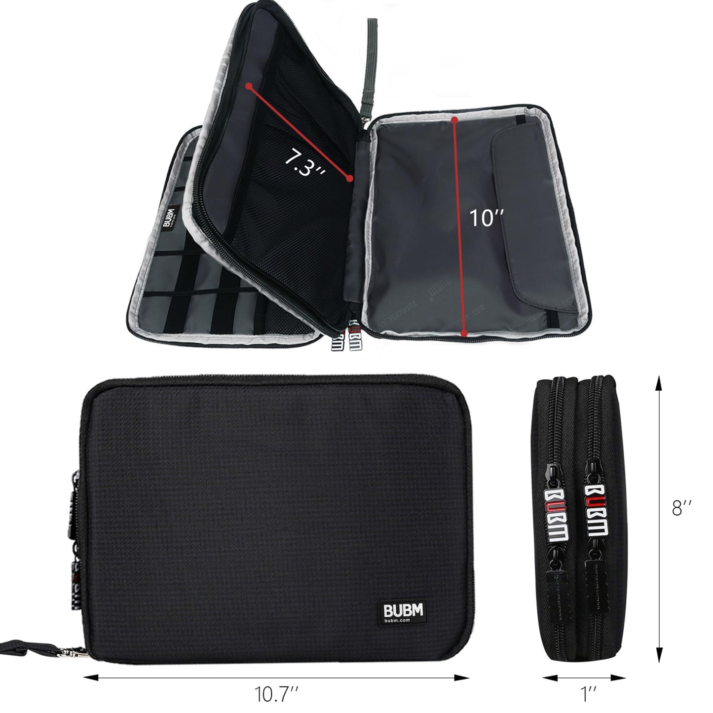 BUBM Double Layer Electronics Organizer/Travel Gadget Bag For Cables,Memory Cards,Flash Hard Drive and More,Fit For iPad Or Tablet(Up To 9.7")--Large, Black