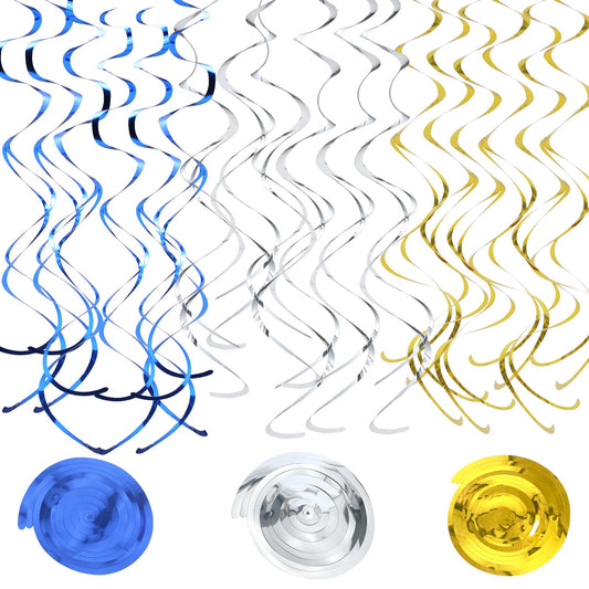 36Pcs Hanging Swirl Party Decorations Foil Decorations Ceiling Swirl Spiral Hanging Plastic Streamer for Ceiling Birthday Graduation Wedding Celebration Baby Shower Party Supply (Blue Gold Silver)