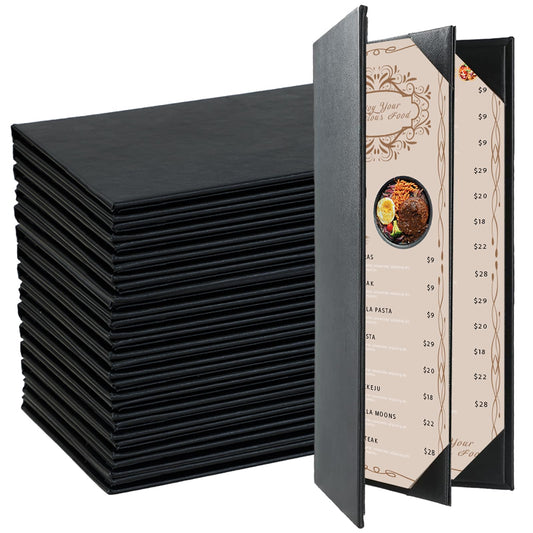 FLKQC 15 Pack Restaurant Menu Covers Holders 4.25" X 11", 3 Page 4 View Synthetic Leather Menu Holder Covers Book Style with Angled Corners Black for Wine List, Morning Menu, Wine Menu (15, 3 Page)