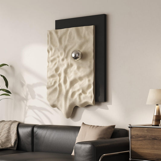 Large 3D Textured Vertical Abstract Wall Art Decor, Modern Black Cream Carved Sandstone Texture Artwork for Walls, Minimalist Sculptural Wall Decor for Living Room, Hallway, Dining Room, Office