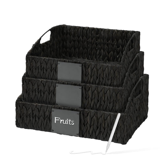 Ollieroo Rattan Storage Basket, Handwoven Wicker Basket for Storage with Built-in Handles, Pantry Baskets for Shelves, Bedroom, Bathroom, Laundry Room or Kitchen(Black)