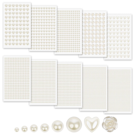 MYDBUYSOME 3701PCS Pearl Stickers Pearls for Crafting - Self Adhesive Pearls for Hair Face Makeup Eye Nail Crafts, Stick On Gems (White, Assorted Sizes)