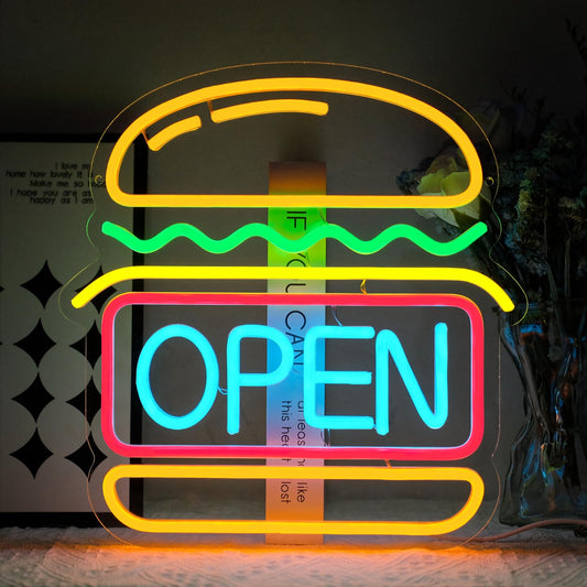 Virlusy Burgers Open Neon Sign for Wall Decor Dimmable Hamburger Led Lights Signs Open Signs for Business Food Neon Light Room Decor for Bar Party Snack Shop Restaurant Gift USB Powered