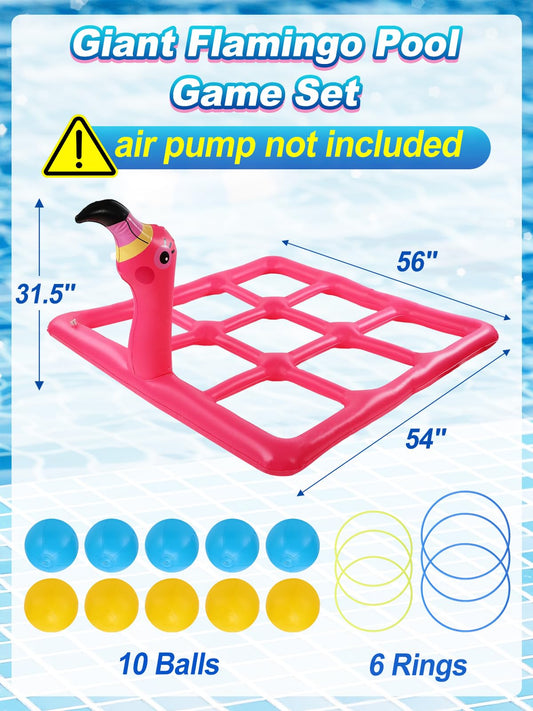 2 in 1 Flamingo Pool Games Toys Set - Inflatable Tic-Tac-Toe & Ring Toss for Family, Adults, Teens, Kids, Outdoor Summer Swimming Pools Party Water Game with 10 Balls & 6 Rings for 2-10 Players