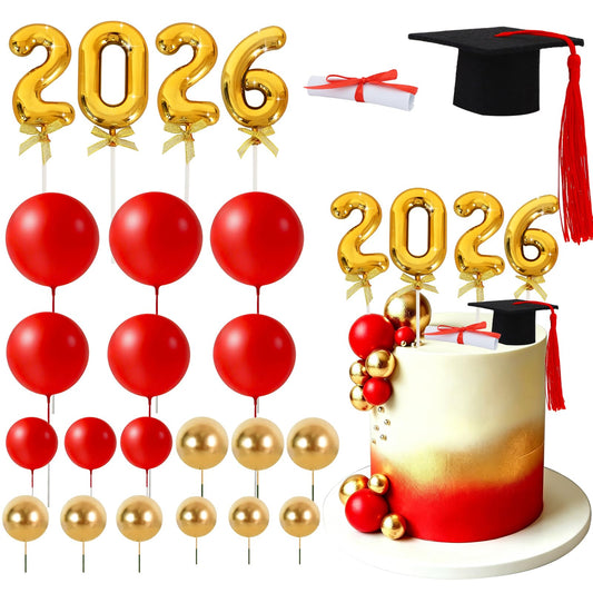 BEISHIDA Graduation Cake Toppers - 2026 Graduation Cupcake Congrats Grad Cake Decorations with Cap Diploma Balls for 2026 High School College Party Supplies（Red Gold）