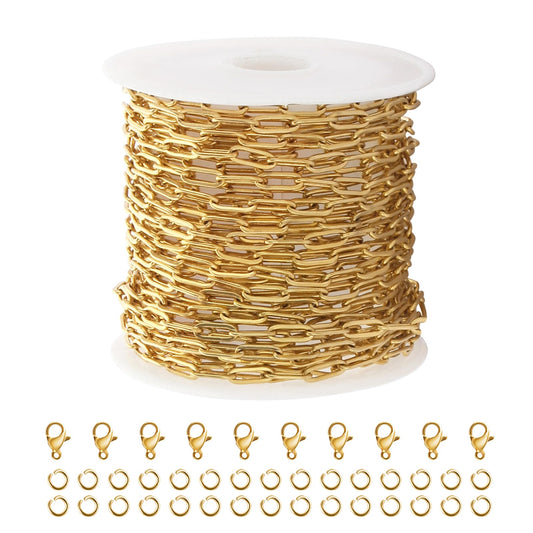 Kyutong 5M Gold PVD Plated Necklace Chain for Jewelry Making 304 Stainless Steel Paperclip Chain Roll with Lobster Clasps and Jump Rings for Men Women Making Jewelry Craft Support Jewelry Findings