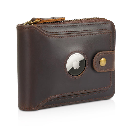 Polare Full Grain Leather Wallet for Men Bifold RFID Blocking Cash Credit Card Case with Air Tag Slot and YKK Zip Coin Pocket (Dark Brown with AirTag Slot)