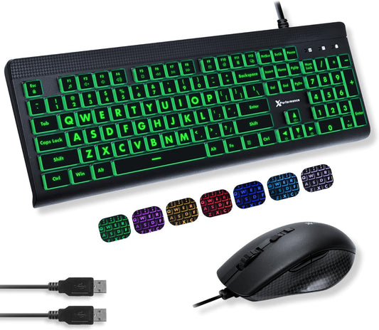 X9 Performance 7 4 Wired Keyboard and Mouse Combo - Large Print Backlit Keys for Seniors, Lighted Computer Keyboard