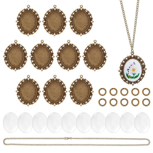 PH PandaHall 10 Sets Embroidery Pendant Kit Embroidery Stitching Necklace Cross Stitch Charms Necklace Bezel Pendant Trays with Cabochons for Beginners DIY Craft Necklaces Earrings Jewelry Making