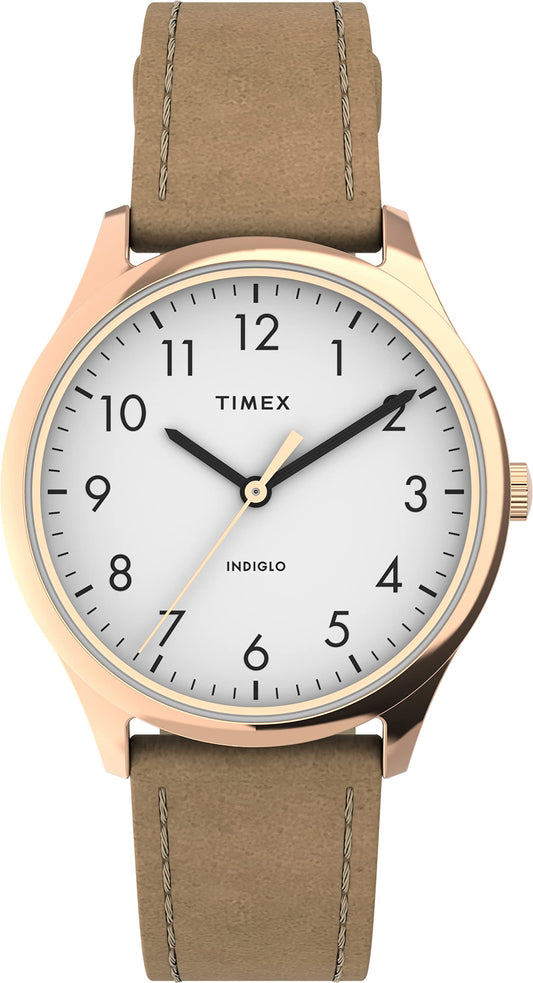 Timex Women's Modern Easy Reader 32mm Watch – Rose Gold-Tone Case White Dial with Beige Genuine Leather Strap
