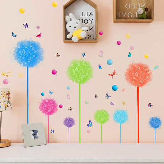 2 Set Dandelion Wildflower Wall Decals Art, Wall Art Stickers Peel and Stick Floral Butterflies Flying Decor for Girls Kids Women Baby Nursery Room Bedroom Bathroom Sofa Backdrop TV(Colorful)