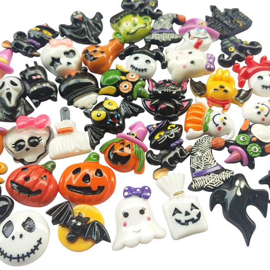 Chenkou Craft Random 50pcs Mix Lots Resin Flatback Flat Back Halloween Craft Embellishment Wizard Pumpkin Lantern Ghost Spider Skull Castle+Clear Box (50)