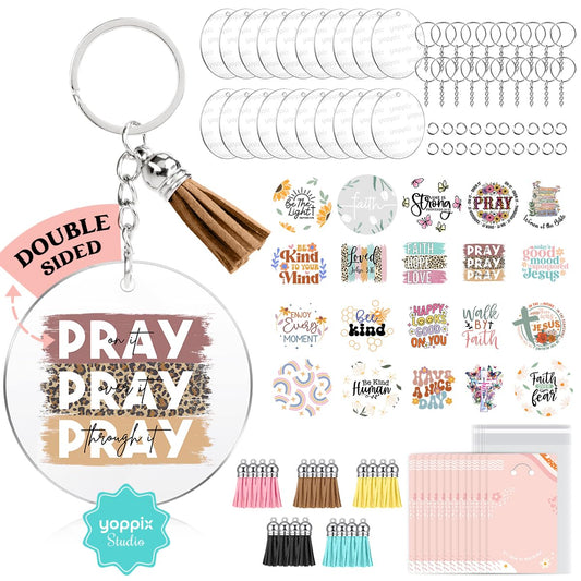 YOPPIX 140 PCS Acrylic Keychain Blank Set, Faith Double-Sided UV DTF Stickers Acrylic Keychain Making Kits for Vinyl DIY Craft Project
