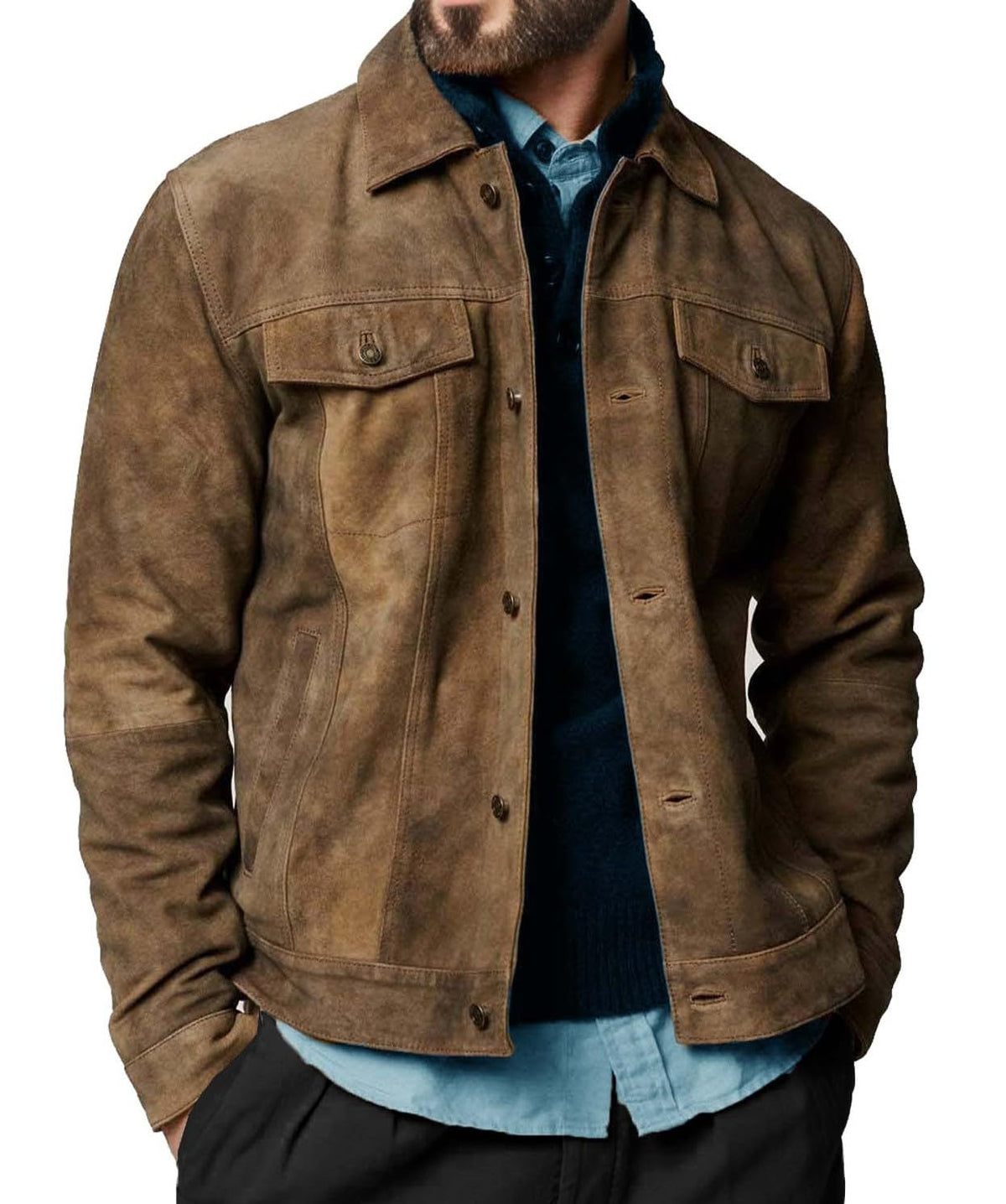 Premium Vintage Trucker Suede Leather Jacket Men Genuine Lambskin Men Leather Jackets Shirt Collar Jackets For Mens (US, Alpha, XX-Large, Regular, Regular, Khaki Suede Leather)