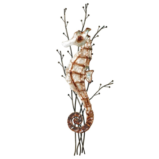Touch of Class Atlantic Seahorse Metal Wall Sculpture Brown One Size - Coastal Style - Ocean Theme Decor - Metal and Capiz Shell Nautical Beach Themed Art for Bathroom, Bedroom - 31 Inches High