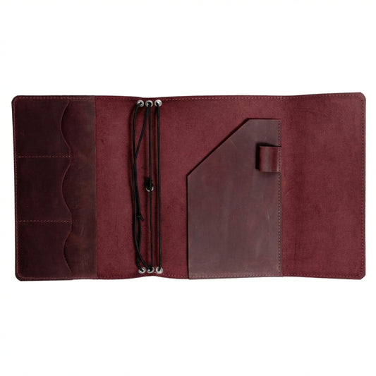 TORAKIP Genuine Leather A5 Notebook Cover – Refillable Journal Case with 3 Elastic Bands, Pen Holder & Inner Pockets, Fits Standard A5 Inserts 5.8 x 8.3 inch (Paper Not Included), Burgundy