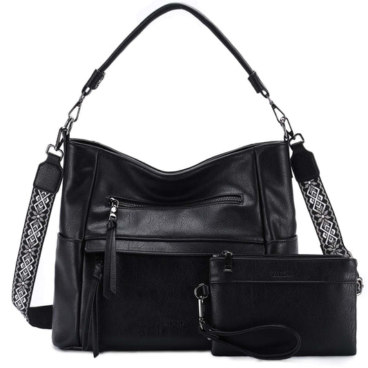 VASCHY Hobo Bag for Women, Roomy Leather Shoulder Purse with Wallet Set, Tote Bag with Guitar Strap, Ideal Gift for Women