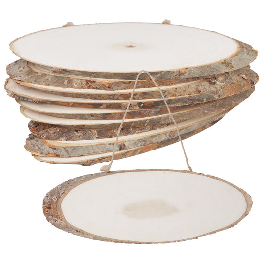 JAPCHET 10 PCS 13.8" L x 4.7" W Oval Wood Slices, Unfinished Wooden Slices with Small Eye Rings and Hanger Ropes, Natural Wood Oval Plaque Signs for Crafts Painting DIY Wedding