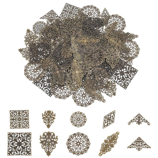 PH PandaHall 120pcs 10 Styles Filigree Connectors Charms Book Corners Iron Filigree Connector Charms Antique Bronze Metal Embellishments for Scrapbooking Album Book Corners Jewelry Making Craft Decor