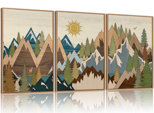 FWIEXA Large Mountain Woodcut Style Canvas Wall Art Set of 3, Sunrise Pine Tree Wall Decor, Forest Animal Painting, Nature Wilderness Lake Landscape, 16x24In Rustic Artwork for Living Room, Bedroom, Bathroom