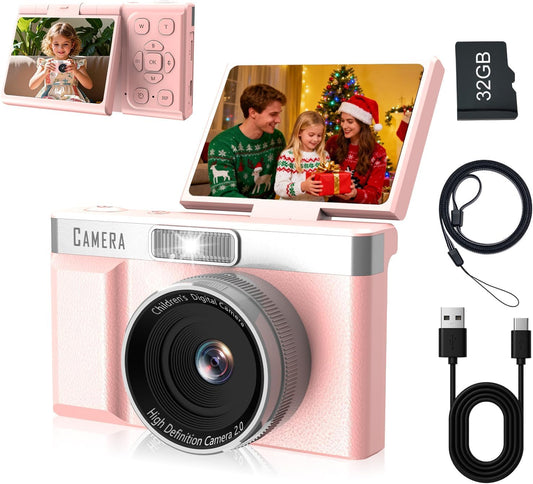 Yehtreh 1080P 32GB Card,2'' 180 Kids Digital Camera FHD Digital Camera for Kid with Flip Screen with Support for Selfie