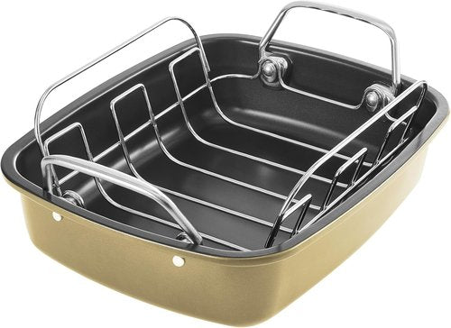 KITESSENSU Nonstick Turkey Roasting Pan - Heavy Duty 17 x 14 Inch Chicken Roaster with Rack - Gold Finish