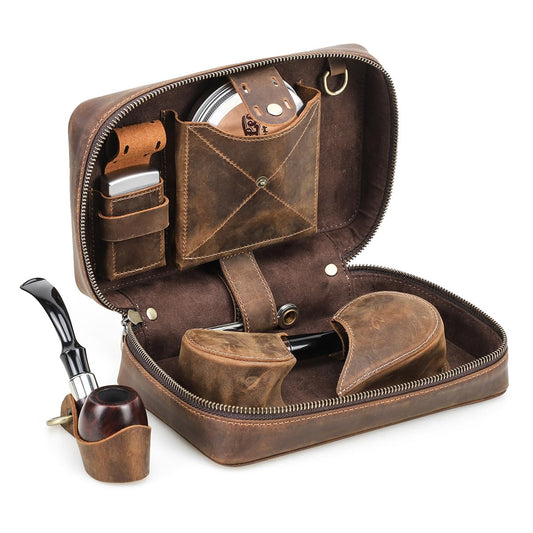 CONTACTS Pipe Tobacco Pouch with Pipe Stand Full Grain Leather Tobacco Pipe Accessories Bag Handmade Travel Organizer for 2 Pipes, Lighter, Cigarette