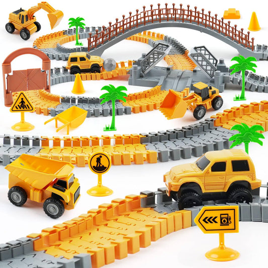 TGJH Construction Race Car Track Set for Kids - Flexible Engineering Toys with 2 Electric Cars, Birthday Gift for 3 4 5 6 7 Year Old Boys, DIY Road Games Playset with 220+ PCS