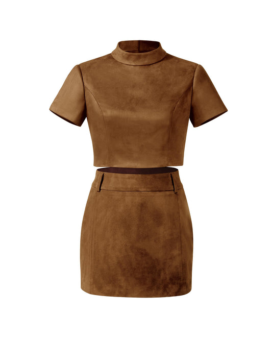 JW PEI Women's Grace Faux Suede Crop Top and Mini Skirt Set - Camel