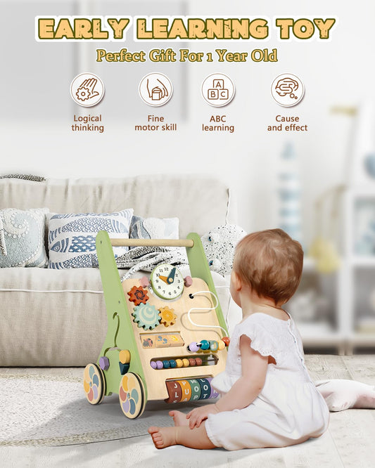 Wooden Baby Walker with Wheels, Push Walker for Baby Boy 12 Months, Baby Activity Center Sit to Stand Walker Small Size